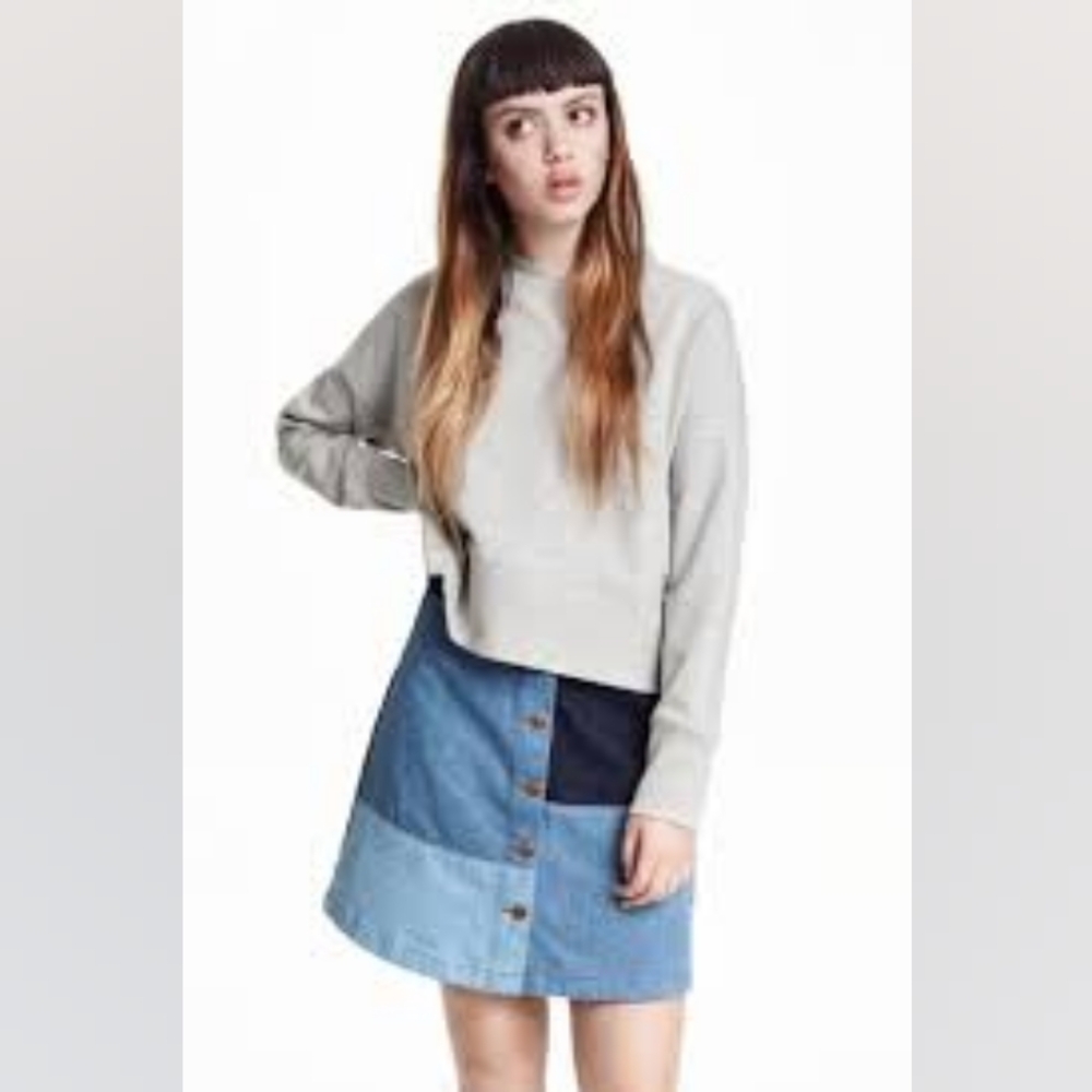 H&M Denim blue A-line mini skirt Patchwork Colour block Sz 8 NWT